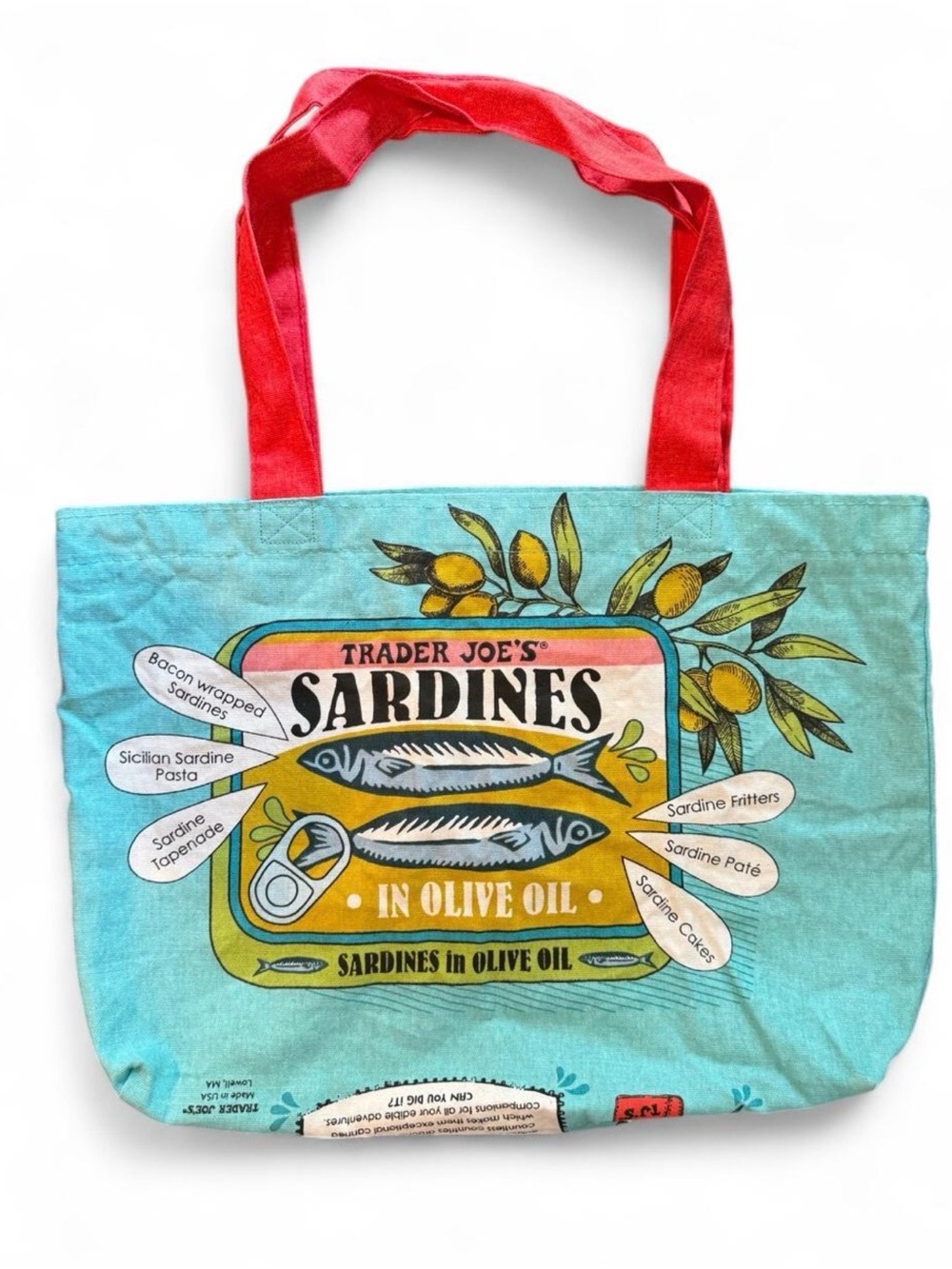 TRADER JOE’S  2023 sardine tote bag with graphic of sardines in olive oil